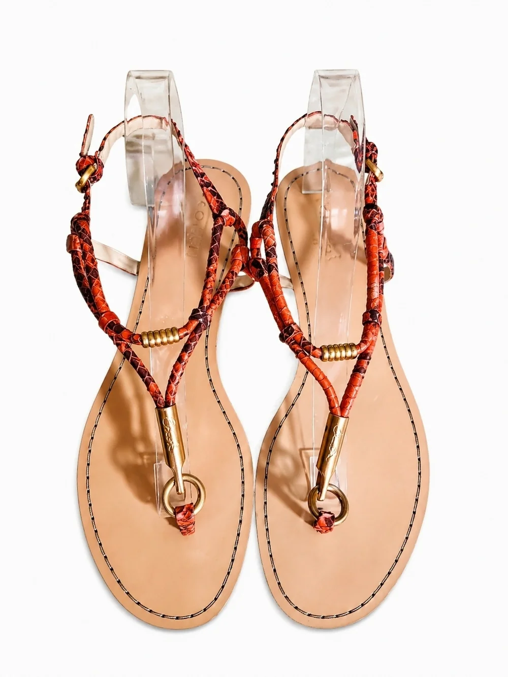 Coach Opal Snake T Strap Sandals Coral Leather Thong Flat Boho Resort